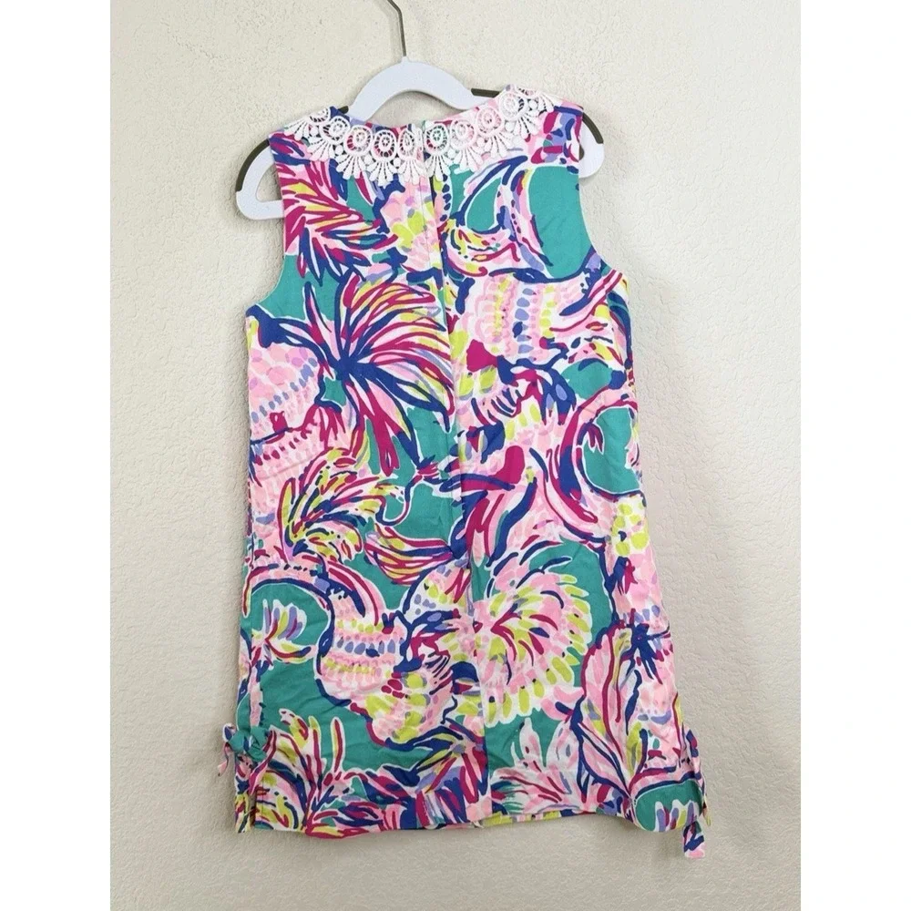 Lilly Pulitzer Girls Dress Size 8 Tropical Floral Shift Dress Lace Trim Pockets‎